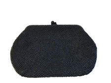 Vtg DELILL BLACK Beaded Small Clutch Purse Satin Lining 1950s