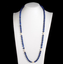 Vintage Necklace 18K Gold Beads Lapis Lazuli White Pearls Continuous Strand 29"
