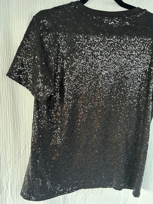 DKNY Black Sequined Tee  Top Blouse Bling Size M - New