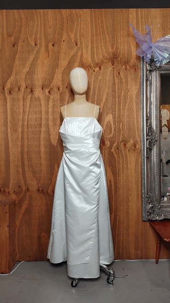 "Bernadette" Satin Wedding Dress, Pre-Loved, White & Silver
