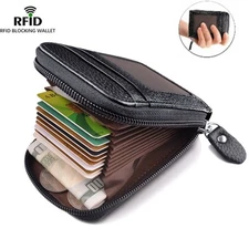 Men Leather Credit Card Holder RFID-Blocking Zipper Pocket Wallet with ID Window