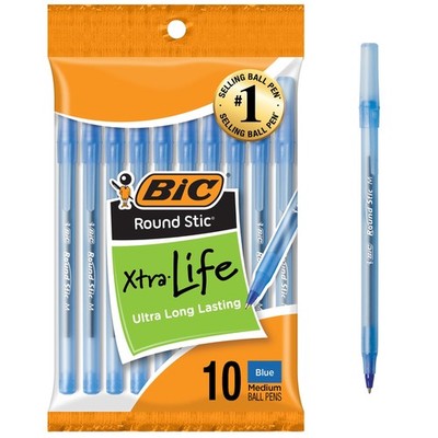 BIC Round Stic Xtra Life Blue Ballpoint Pens, 10 Count (Pack of 1), 