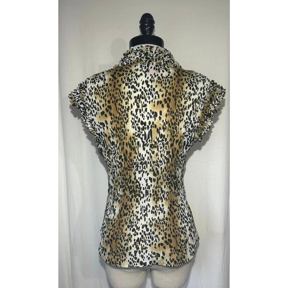 SUNNY LEIGH Leopard Polyester Sleeveless Ruffle Blouse Top Vneck Career Womens S - Image 4 of 4