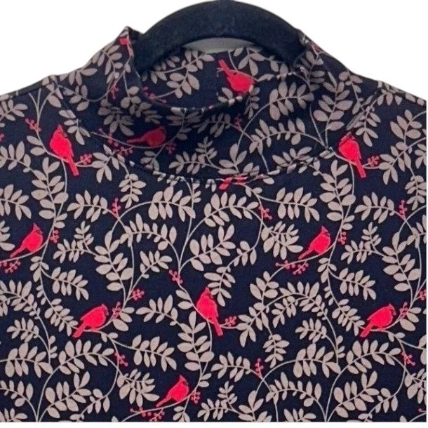 Christmas Turtleneck Top 1X Modern Cardinal Bird Leaf Print Winter Holiday Soft - Image 3 of 4