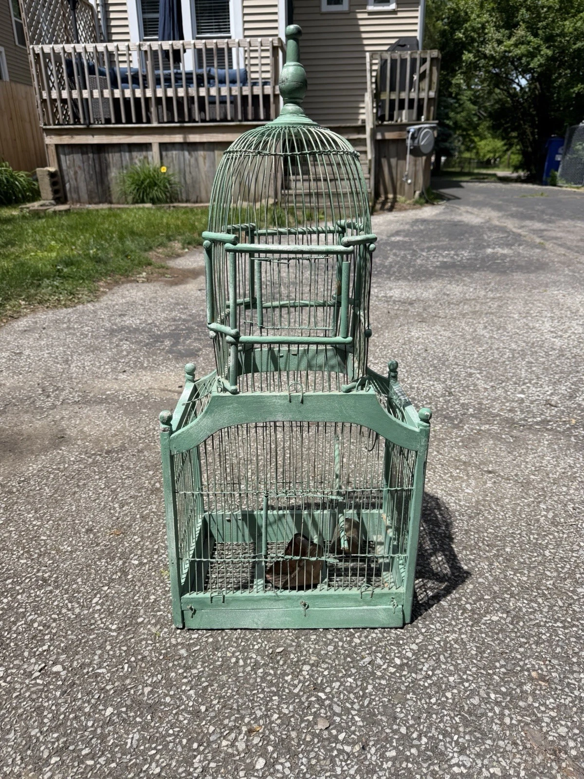 Vintage French Green Metal Wire Dometop Bird Cage - Dometop Cage Style for Birds