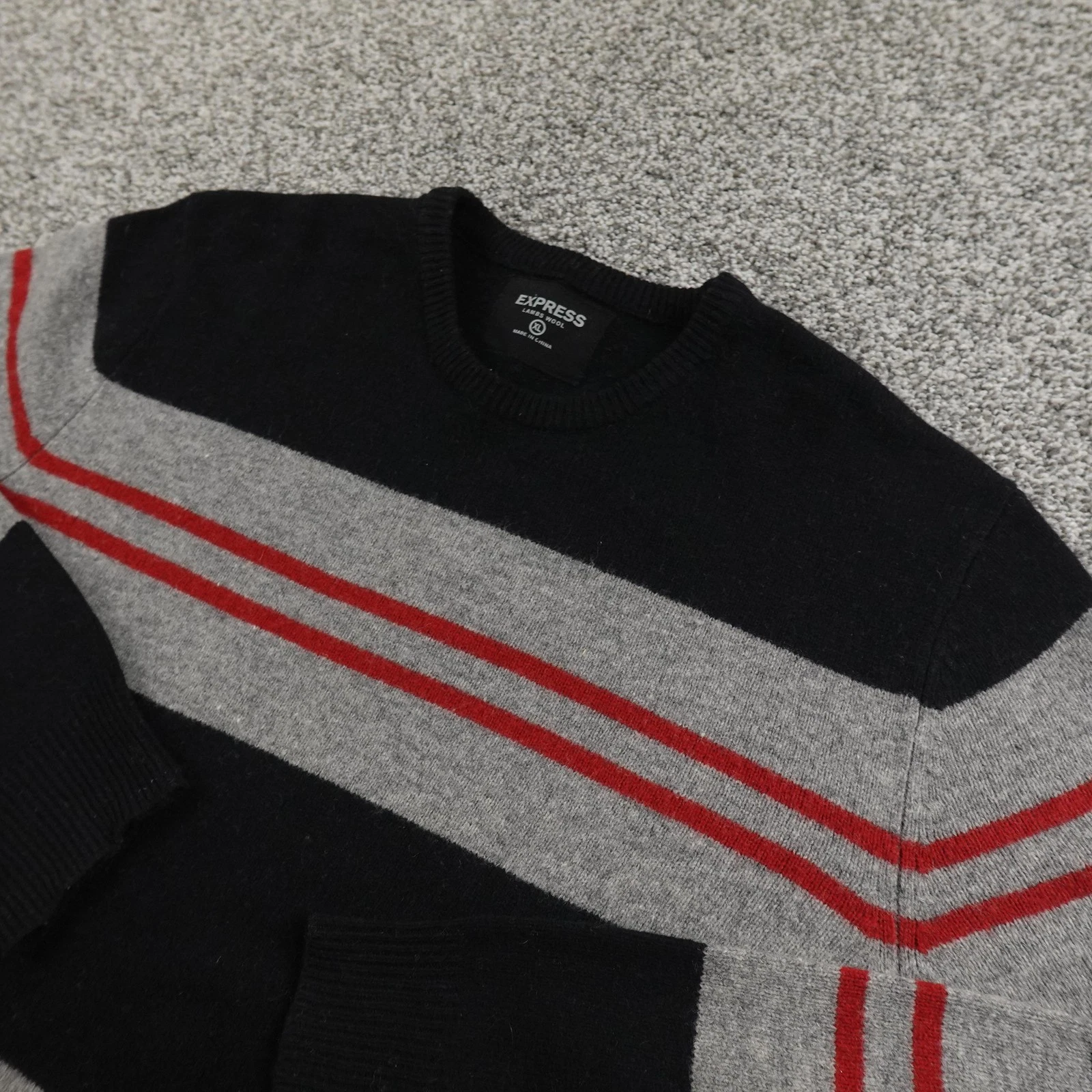 Express Sweater Mens XL Black Gray Lambswool Stripe Crewneck Pullover Knit Cozy