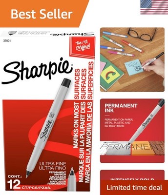Vivid Black Fine Tip Permanent Markers Set - 12 Quick Drying and Water Resistant