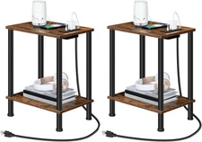 Set of 2 Side Tables with Charging Station USB Ports Outlets Storage Rustic Brow
