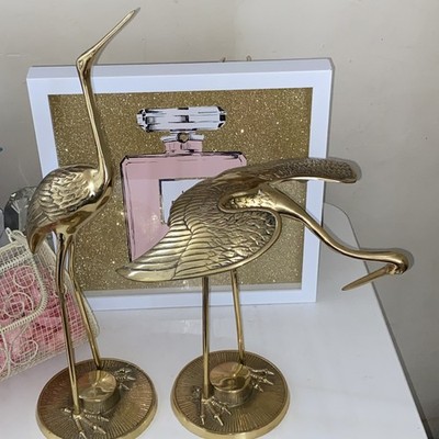 Two Large Vintage MCM Solid Brass Crane Stork Heron Figurines 20  & 12 