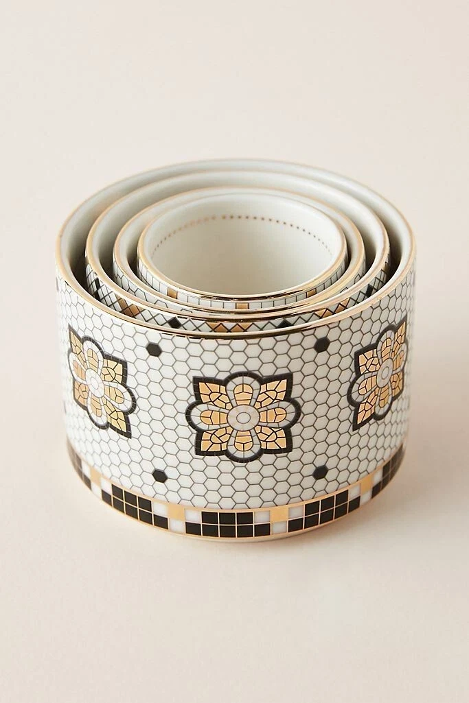 Anthropologie Bistro Tile Stoneware 24k Gold Accent Measuring Cups Set of 4 NEW