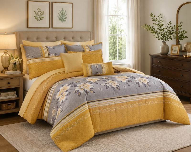 MADAI 14-Pc. QUILT SET Comforter Set Bedding Silver Yellow King Size 