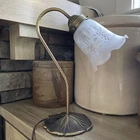 VTG Art Nouveau Style Metal Gooseneck Lily Pad Desk Lamp Ruffled Frosted Shade