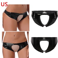 US Womens Patent Leather Briefs Low Waist Crotchless Underwear Panty Thong Short