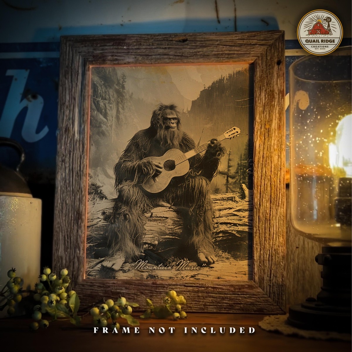 Vintage Sasquatch Bigfoot Art Print Country Music Guitar