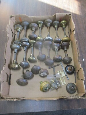 Antique Vintage Lot 14 Door Knob Sets & Spindles, & Extra Knobs ~ Brass ~ Metal