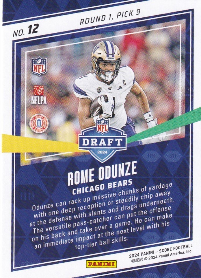 2024 Score Rome Odunze RC 2024 NFL Draft 12 Bears PWE eBay