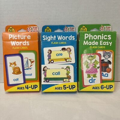 Set of 3 Educational Flash Cards: Picture Words, sight Words, phonics Made Easy