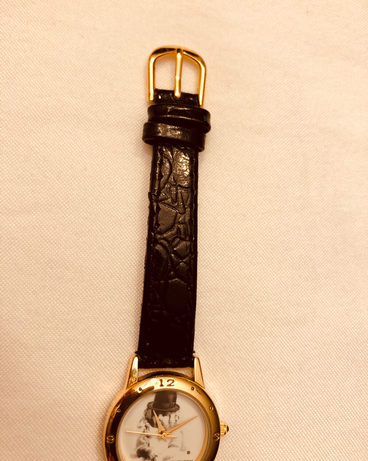 VINTAGE Novelty Watch OLIVER HARDY 1892 Black Leather Laurel & Hardy