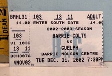 Dec. 31, 2002 Barrie Colts v Guelph Storm Hockey Ticket Stub 