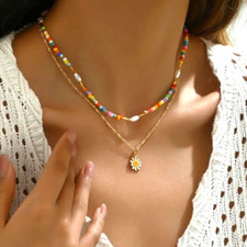 Boho Fashion Daisy Flower Colorful Beads Necklace Collarbone Chain Women Gift