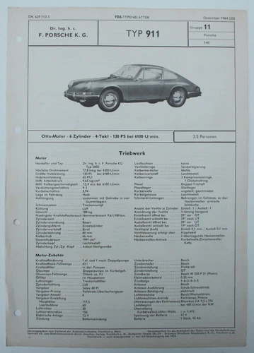 Porsche 911 Coupe 1964 VDA Type Sheet with all technical data