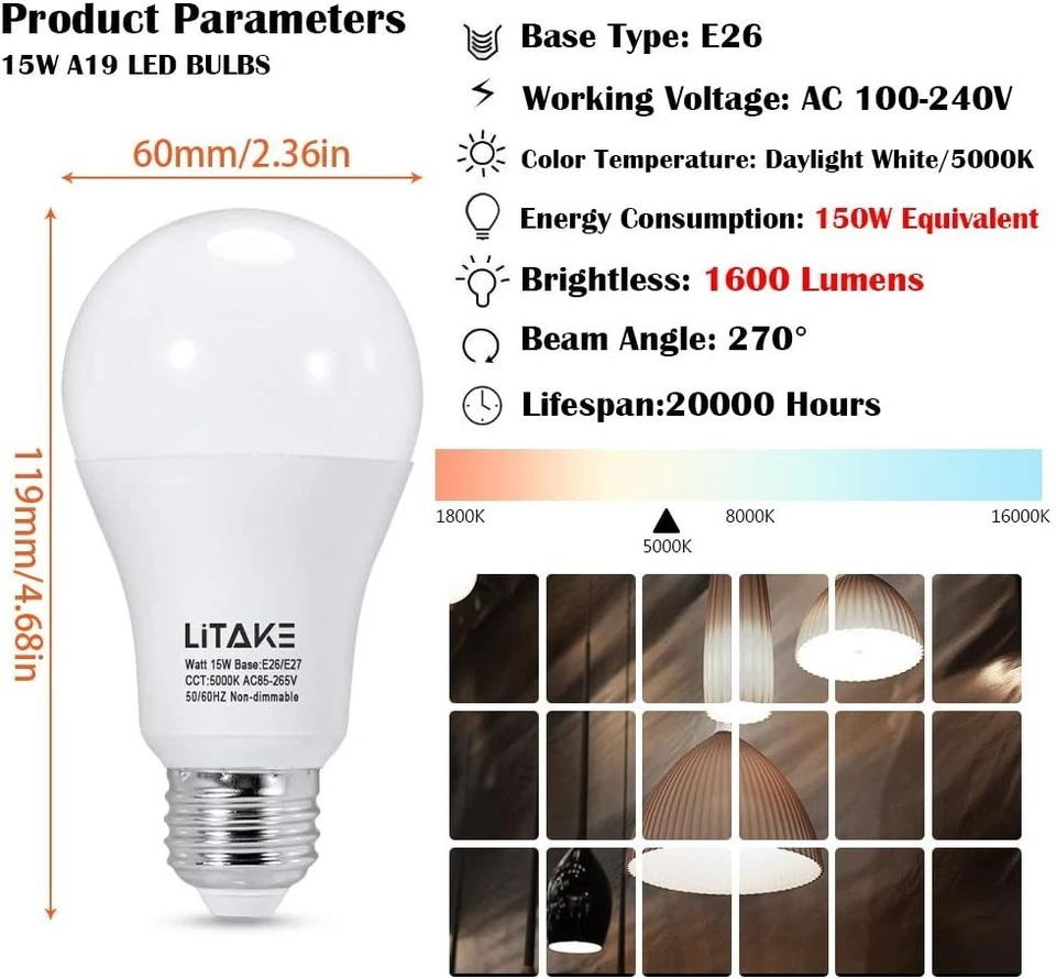 A19 LED 150W Equivalent Bulbs - 5000K Daylight, 1600 Lumens, 12-Pack - Image 4 of 4