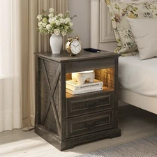 Lvifur Night Stand with Gun Drawer, Bedside Table with Charging Station, Brown