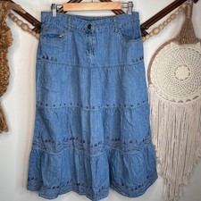 Vintage Bill Blass Denim Embroidered Tiered Skirt 10