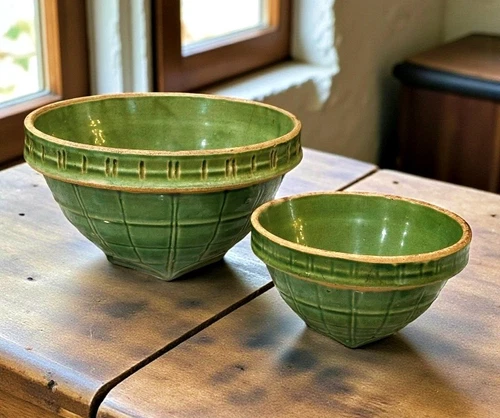 McCOY Pottery Pair of Green Windowpane Mixing Bowls SHIELD #9 and #6 - SEE PICs