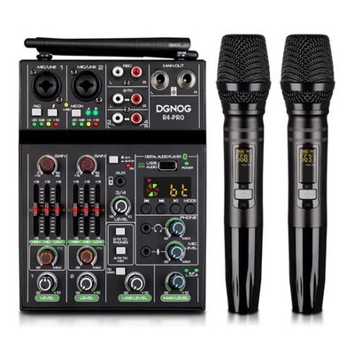 Dgnog, R4-Pro, Professional Audio Mixer With 2 Wireless Mics, 4 Channel