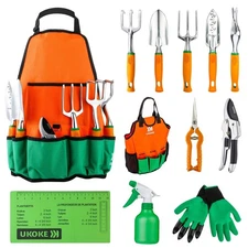 UKOKE Garden Tool Set, 12 Piece Aluminum Hand Tool Kit, Garden Canvas Apron w...