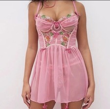 For Love And Lemons Needle Point Roses Slip Dress Pink  size S  NEW
