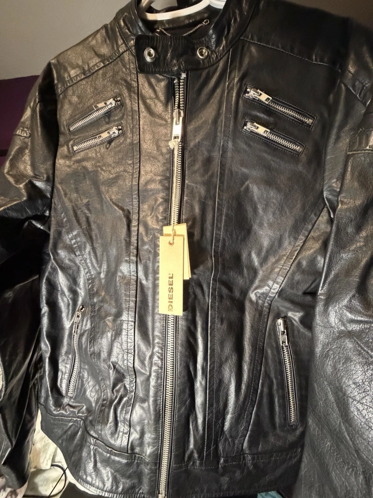 Diesel L-Neilor Men’s Black Leather Biker Jacket L Full Zip Pockets image 1