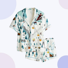 Women s Ski Print Pajamas, Winter Mountain Sleepwear, Short Sleeve Button Up