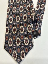 Henry Grethel Italian Silk Tie 4  Wide Blue Burgundy Geometric Medallion Vtg USA