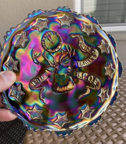 RARE Fenton 1911 Atlantic City Elks Blue Carnival Glass Plate. Blazing Color!!