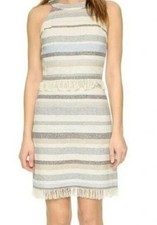 Tory Burch "Jane" Cream Gray Blue Striped Slubbed Cotton Dress Size M NWT! $325