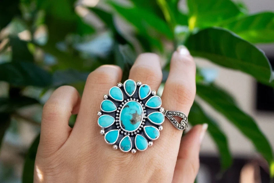 Turquoise Cluster 925 Sterling Silver Ring-Boho Natural Blue Stone,Gift for Him - Image 3 of 4