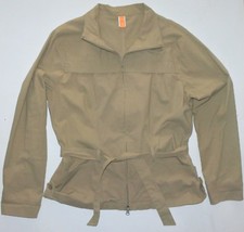 Womens L Lucy Unlined Drab Green Cotton Spandex Zipper Front Belted Jacket Coat