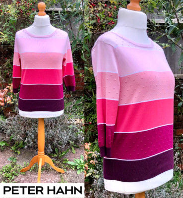 NEU MIT ETIKETT Peter Hahn Supima Baumwolle Pullover, gestreift Farbverlauf PINKS, Rundhals 40 UK 14