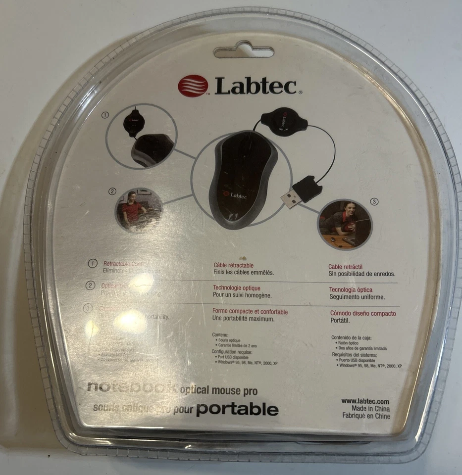 Labtec Wired  Optical Portable Mouse Retractable Cord 931213-0403 NOS Sealed - Image 2 of 3