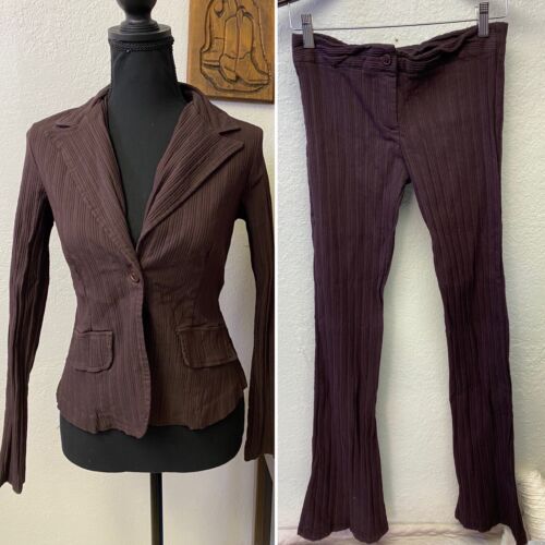 VTG Y2K Business Casual Two Piece Brown Stripe Texture Low Rise Pants & Blazer - Picture 1 of 22