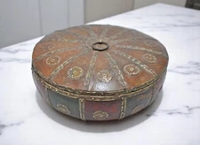 Vintage Wooden Round Kum Kum Powder Tika Box Original Old Hand Carved Brass Fitt