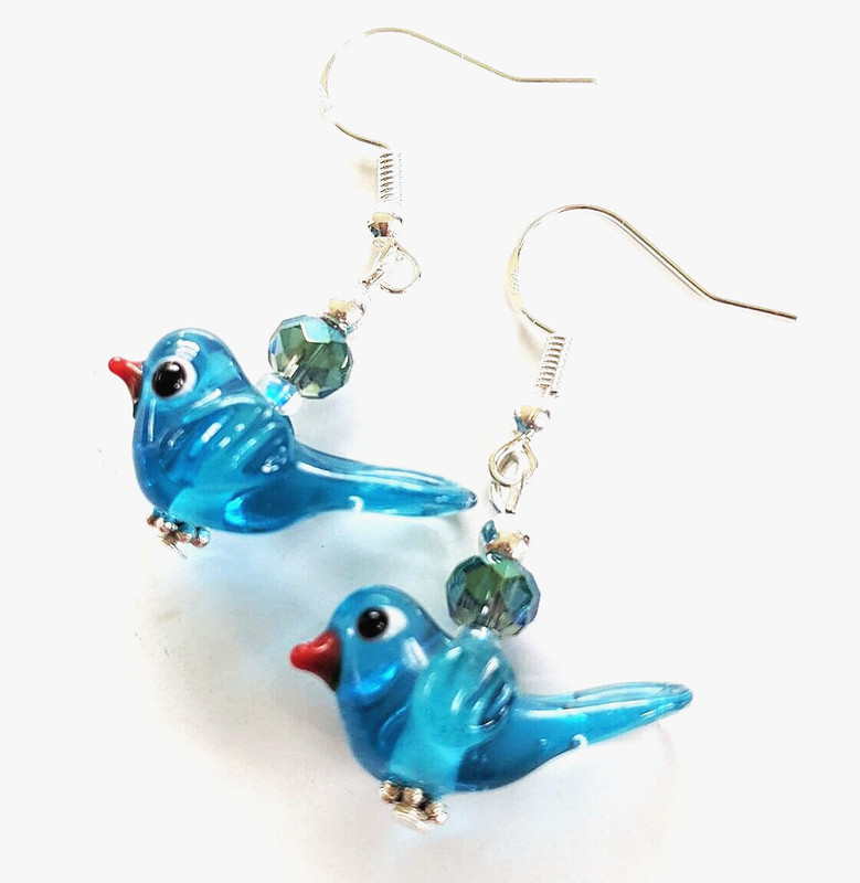 925 Sterling Silver Hook Lampwork Glass Bead Blue Birds Dangle Earrings (#Ebb)