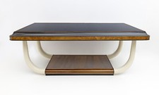 Tavolo Art Déco Noce italiano e piano in vetro Gambe a zanna di elefante anni 30