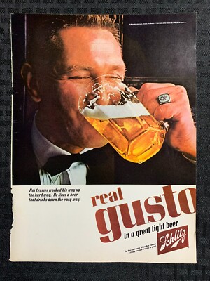 1965 SCHLITZ BREWING CO. 8.5x11'' Print Ad FN 6.0 Jim Cramer Worked His Way Up