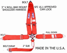 RJS SFI 16.1 CAM LOCK 5 POINT RACING HARNESS BELT V ROLL BAR BOLT ORANGE 1029305