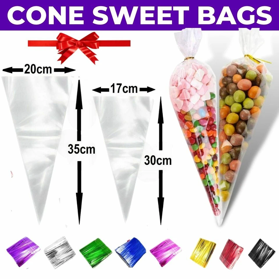 Sweet Bags Cellophane Cone Large Party Gift Twist Ties Clear Plastic Cello Small - Image 2 of 4