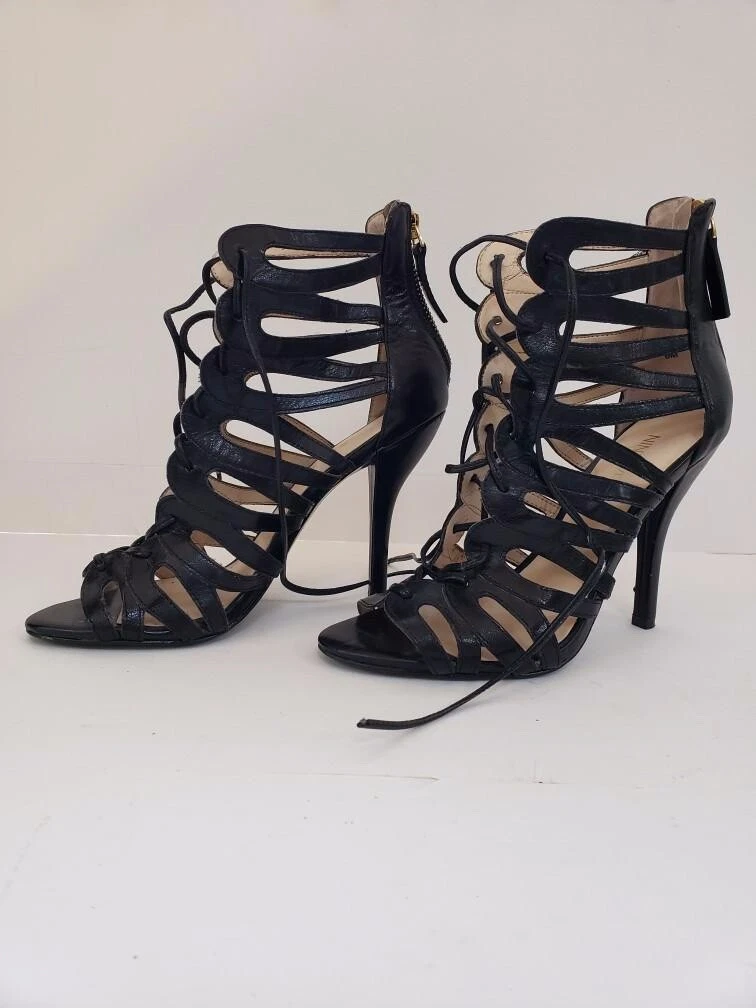 Nine West Kenie Black shoes. Lace up high heel sandals. Open toe