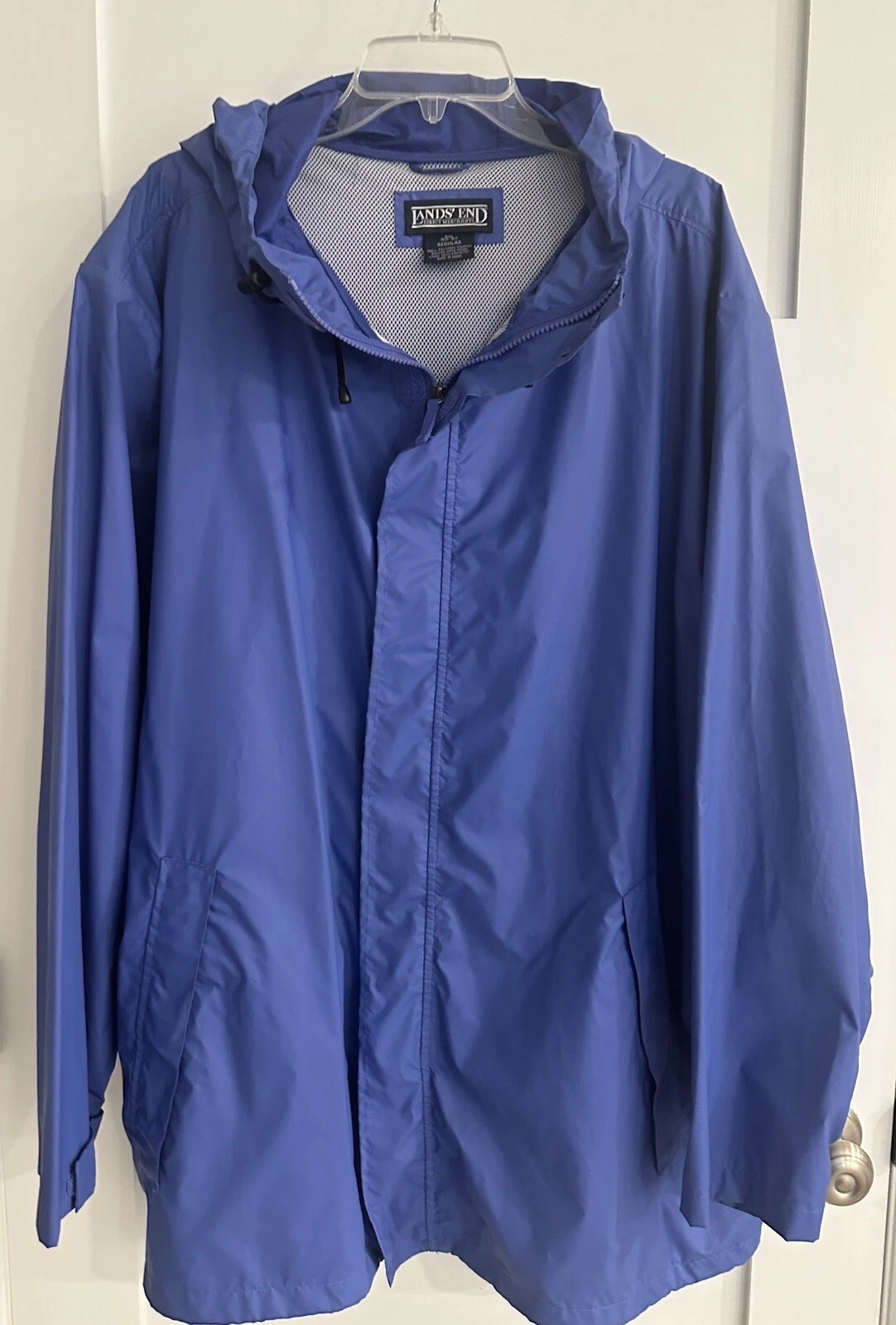 Lands' End Mens Adult XXL 2XL 50-52 PVC Waterproof Hood Rain Jacket Blue Vented